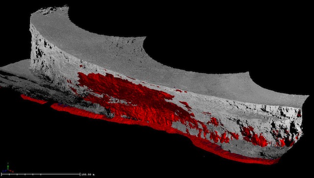 Resulting volume change when comparing two unrolled point clouds. This is the red object. I want to return this object to it's actual geometry by reversing the unroll process.